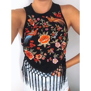 Embroidered velvet fringe tank